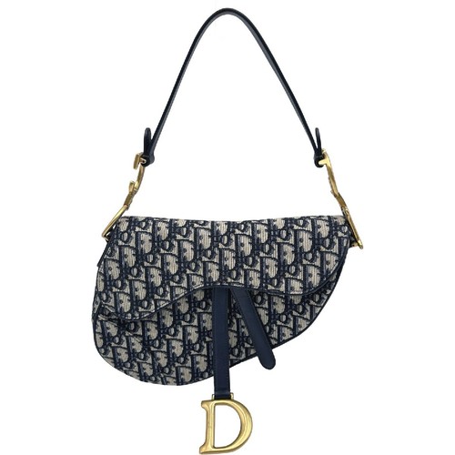 Christian Dior Oblique Saddle Bag Navy Gold Hardware Canvas Handbag Ladies Used