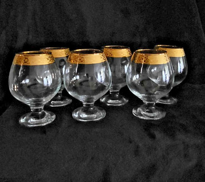 6er Set Vintage Pasabahce Circle Cognacgläser Schwenker Goldrand von 1999 neu