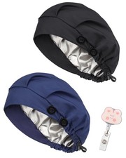 2 Pack Satin Lined Bouffant Scrub Caps with Buttons Adjustable for Women Men