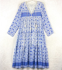 Christy Dawn Paloma Midi Dress Womens XS/S White Blue Floral Prairie Cottage USA