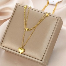 Women Double Layer Stainless Steel Heart Charm Chain Necklace Jewelry