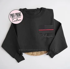 Personalized Firefighter Sweatshirt Gift, Custom Puff Print Thin Red Line Shirt