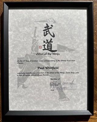 Framed  Order of the Ninja  Certificate   Oasis Dojo   Martial Arts Decor