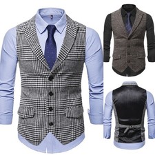 Check Men's Dress Vests Peak Lapel Single Breasted Formal Business Waistcoats