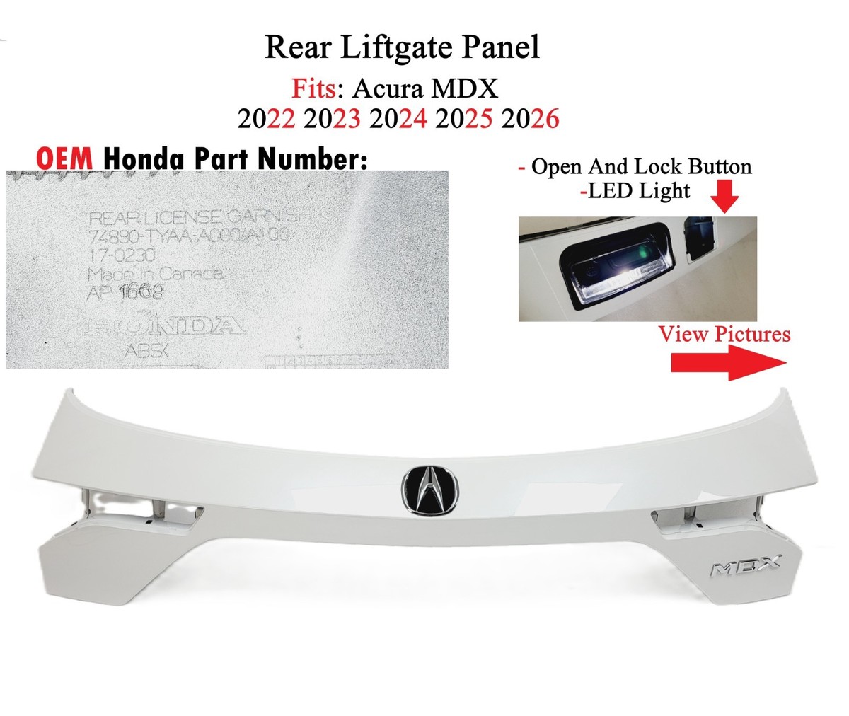 OEM 2022-2026 Acura MDX Rear Tailgate Liftgate Panel W/ LED Light