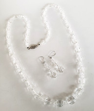 Clear Crystal & Quartz Bead Graduated Necklace Pierced Earrings Set Silver Tone