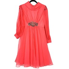 Vintage 70s Neon Coral Chiffon Beaded Waist Dress Women Size S/M Long Sleeve