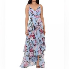 XSCAPE Floral-Print Ruffled High-Low Sleeveless Gown Blue Full-Length Formal 4