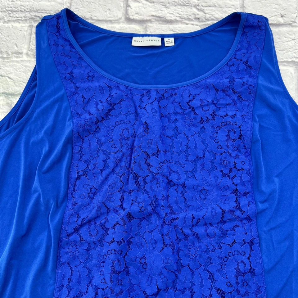 Top sin mangas con panel de encaje azul Susan Graver para mujer talla grande 3X Foto 2 de 4