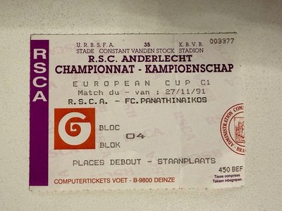 RSC Anderlecht vs Panathinaikos 1991 European Cup Ticket Original Belgium