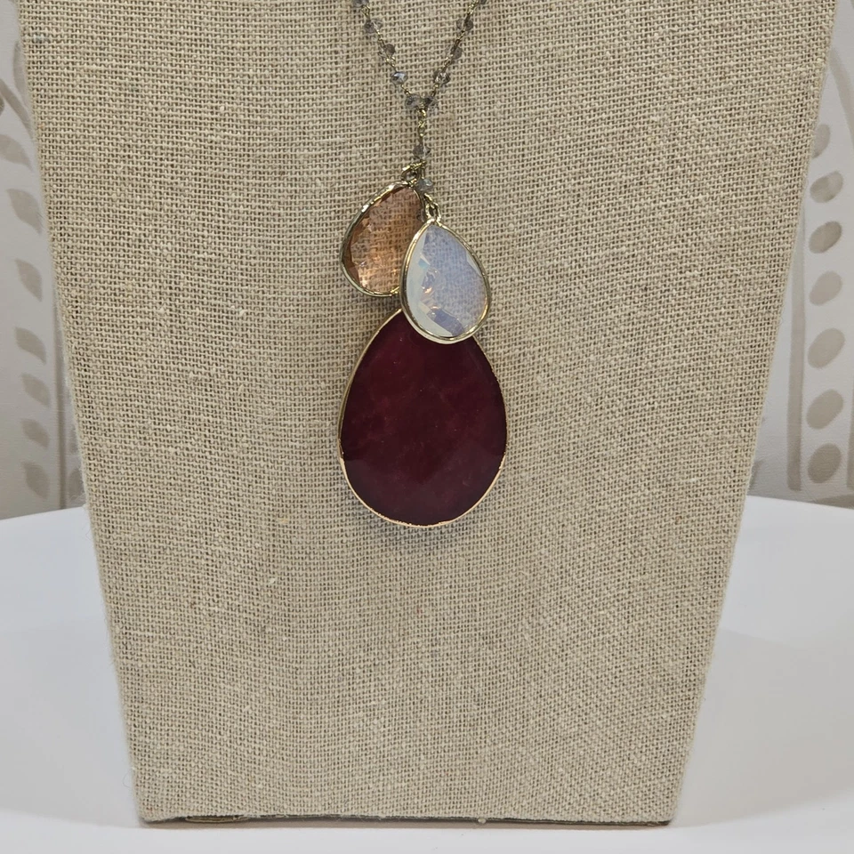 LOFT Granate Cuarzo Rojo Piedras Preciosas Vidrio Cuentas Colgante Tono Dorado 30" Cadena Collar Foto 3 de 4