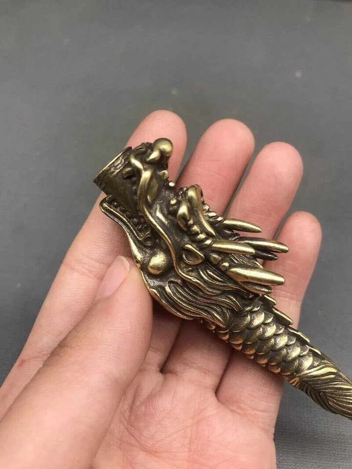 Exquisita pipa antigua china de latón cobre tallada a mano con cabeza de dragón herramientas para fumar 68 Foto 3 de 4