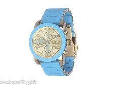 NEW-DIESEL TURQUOISE BLUE SILICONE WRAPPED GOLD S/STEEL+CHRONO WATCH-DZ5360