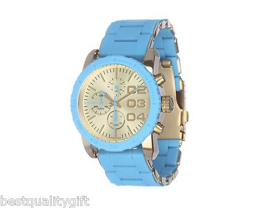 NEW-DIESEL TURQUOISE BLUE SILICONE WRAPPED GOLD S/STEEL+CHRONO WATCH-DZ5360