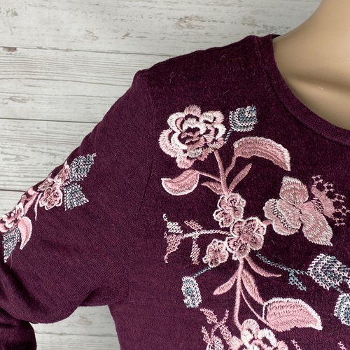 Tunika Pullover mit Blumenstickerei groß weinrot weinrot Rüschen geteilter Saum - Bild 3 von 12