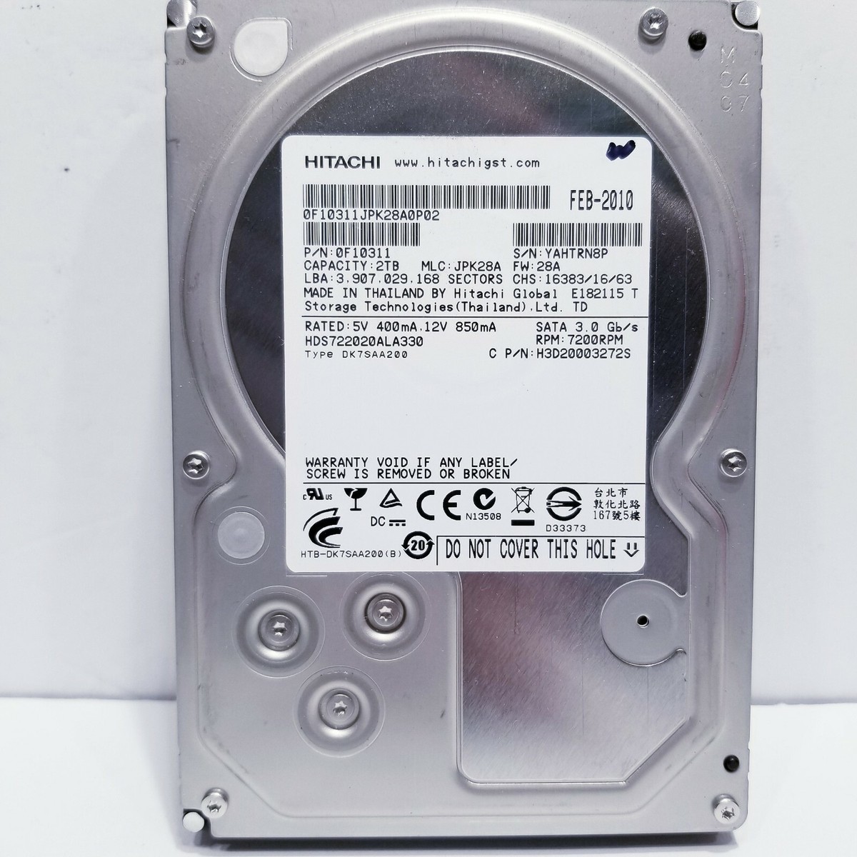 HDD2個セット HX] H3D20003272S P/N: 0F10311 MLC: JPK28A FW: 28A, YAH HITACHI