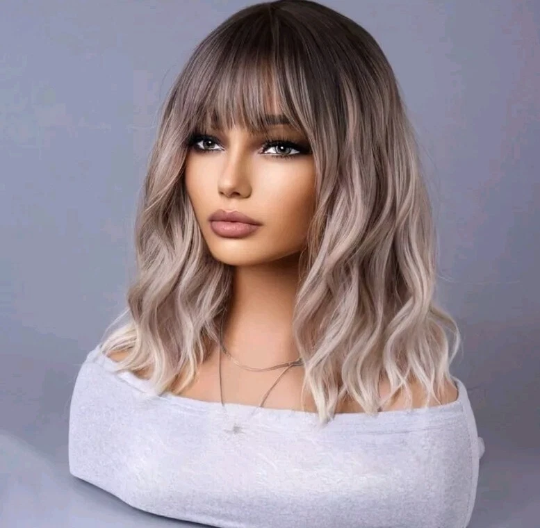 Peluca Rubia Platino Cabello Humano Blens Corto Recto Bob Bangs Capas Natural Foto 3 de 4