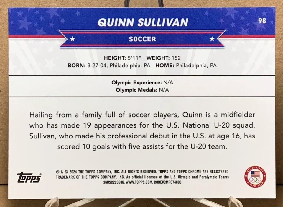 Quinn Sullivan 2024 Topps Chrome US Olympic #98 Aqua Refractors 019/199 - Image 2 of 2