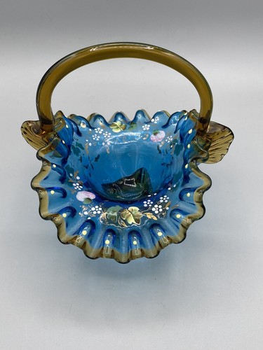 ATQ Victorian Blown Glass Basket Hand Painted Flowers Leaves Amber Blue 3 Footed - Picture 5 of 17