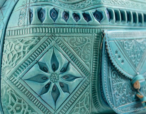 Leder Schulter Kordelzug Bucket Bag Marokkanisch Türkis Blau *Handarbeit* Groß - Bild 5 von 8