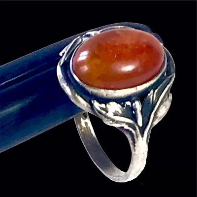 BAGUE ANCIENNE EN ARGENT 925 ET AMBRE, antique amber silver ring T 59 - Photo 1/3