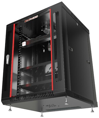 15U Server Rack Locking Network Cabinet Data Enclosure with PDU-Feet-Fan-Shelf