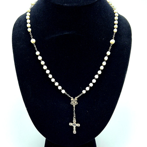 Handmade Rosary Chain Mother Of Pearl Beaded Sterling Crucifix Necklace 19"