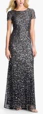 ADRIANNA PAPELL Midnight Metallic Sequin Embellished Mesh Maxi Gown w/ Train 14