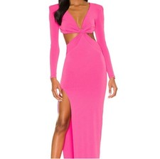 Nookie Jewel Maxi Gown Twist Front Cut-Out Side Slit Long Sleeve Neon Pink Small