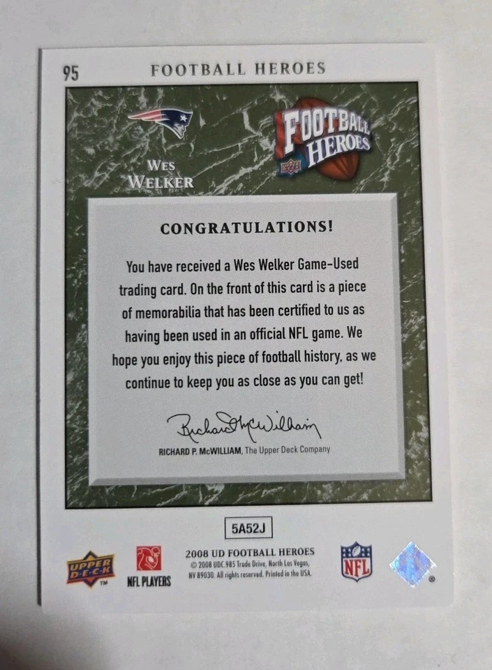 2008 Upper Deck Heroes Wes Welker Jerseys Green #94 New England Patriots - Image 2 of 2