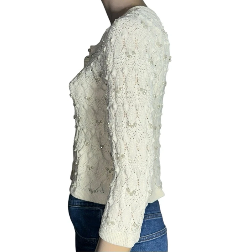 Cárdigan Yoana Baraschi para mujer talla L crema marfil tejido a ganchillo brillantes con cuentas Foto 4 de 4