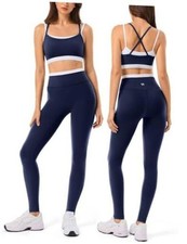 2 Pieces Workout Sets for Women,Seamless Yoga Leggings with Padded Large Blu013