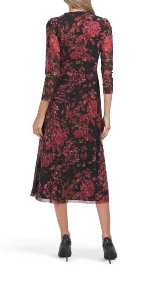 Vestido Midi Feminino Anne Klein S Preto Rosa Floral Envoltório Escuro Cottagecore Feminino - Imagem 2 de 4