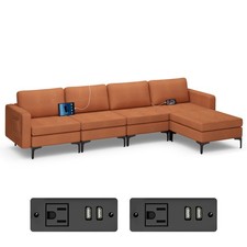 Modular L-shaped Sectional Sofa w/ 4 Seats  Removable Ottoman  4 USB Orange