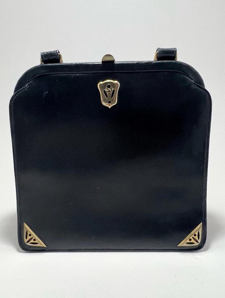 Cartera de mano Dofan vintage hecha en Francia cuero negro dorado Foto 2 de 4