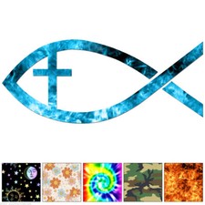 Jesus Cross Fish - Decal Sticker - Multiple Patterns Sizes - ebn7517