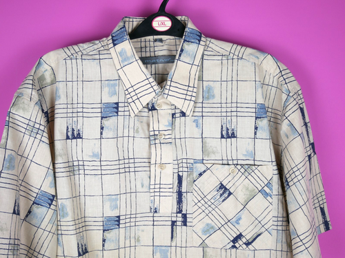 vintage beige oversize xl check 90s 80s boxy womens pattern polo retro shirt top - Picture 3 of 13