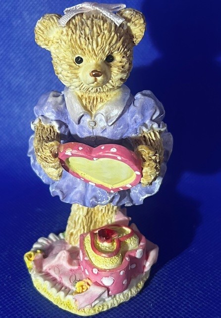 Valentines Day Girl Teddy Bear Purple Dress Pink Bow Ruby Heart Present Figurine