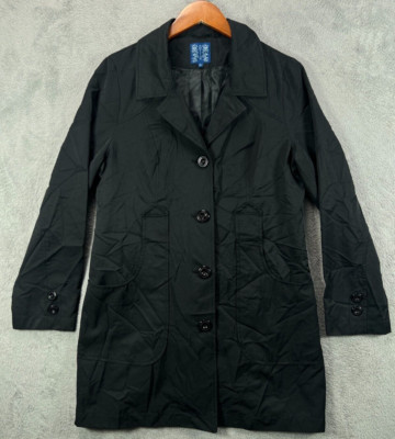 Ambition Black Trench Coat Womens XL Black Jacket  Midi Nylon Blend Pockets