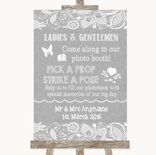 Grey Burlap  Lace Pick A Prop Photobooth Personalised Wedding Sign