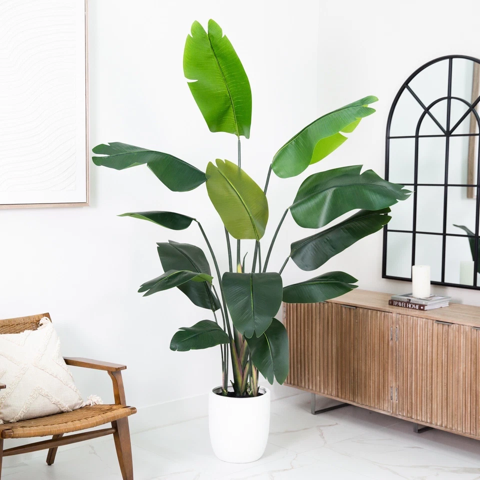 Árbol artificial pájaro del paraíso de 7' con maceta de piedra de resina. Venta al por menor $594 Foto 3 de 4