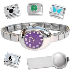 Purple Oval Italian Charm Watch Bracelet Plus Charm Tool Enamel Charms