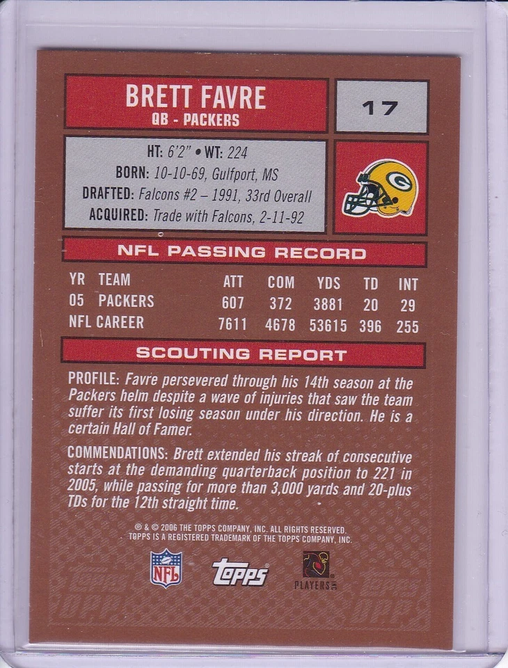 Brett Favre 2006 Topps Draft Picks and Prospects Football Card 17 - Image 2 of 2