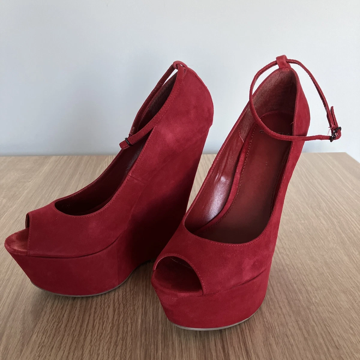 Red store suede wedge