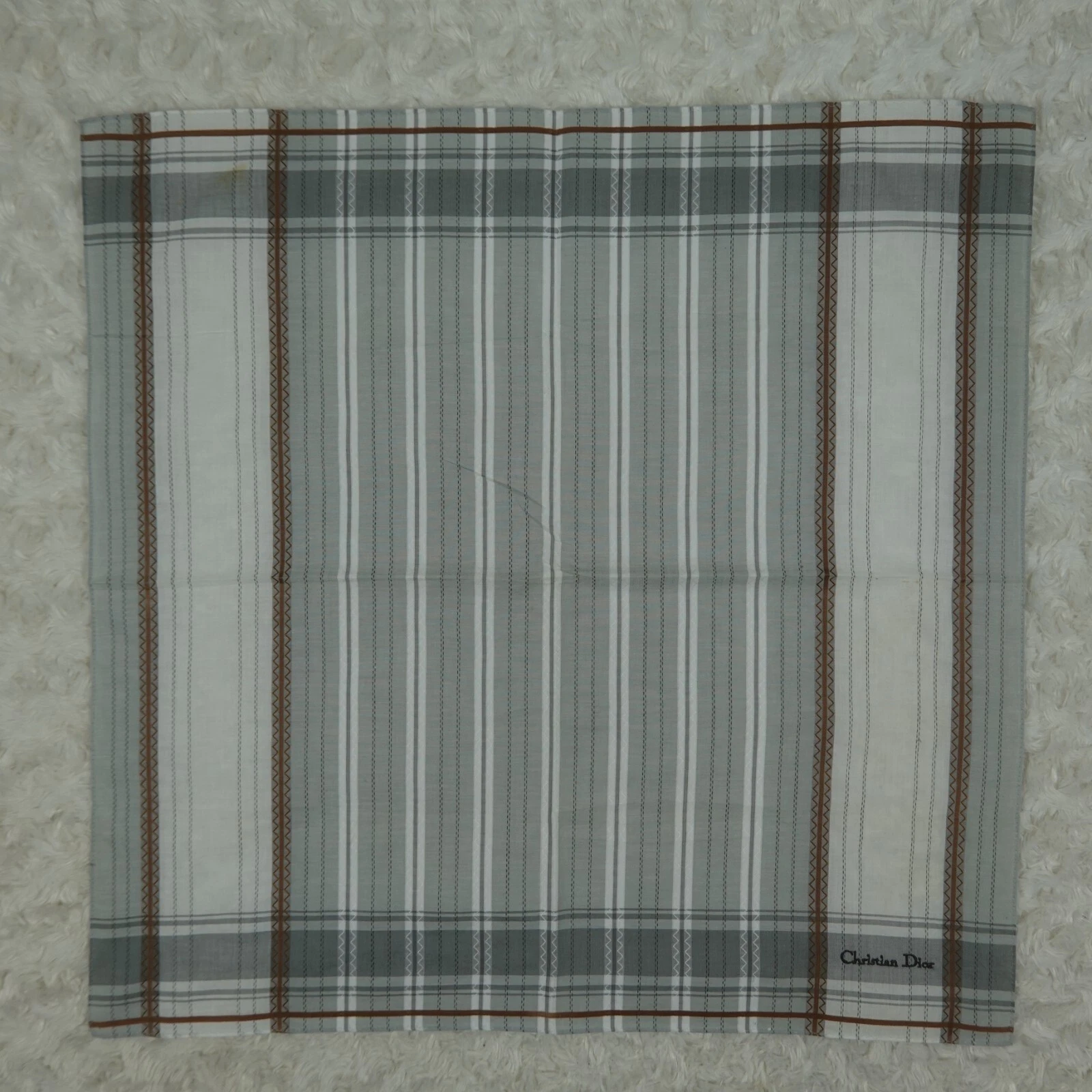 N998 CHRISTIAN DIOR Plaid Gray Cotton Scarf Scarves Pocket Square 18.5