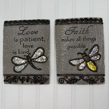 Decorative Hanging Stone Plate Sign Love Faith Kind Butterfly Dragonfly Set Of 2