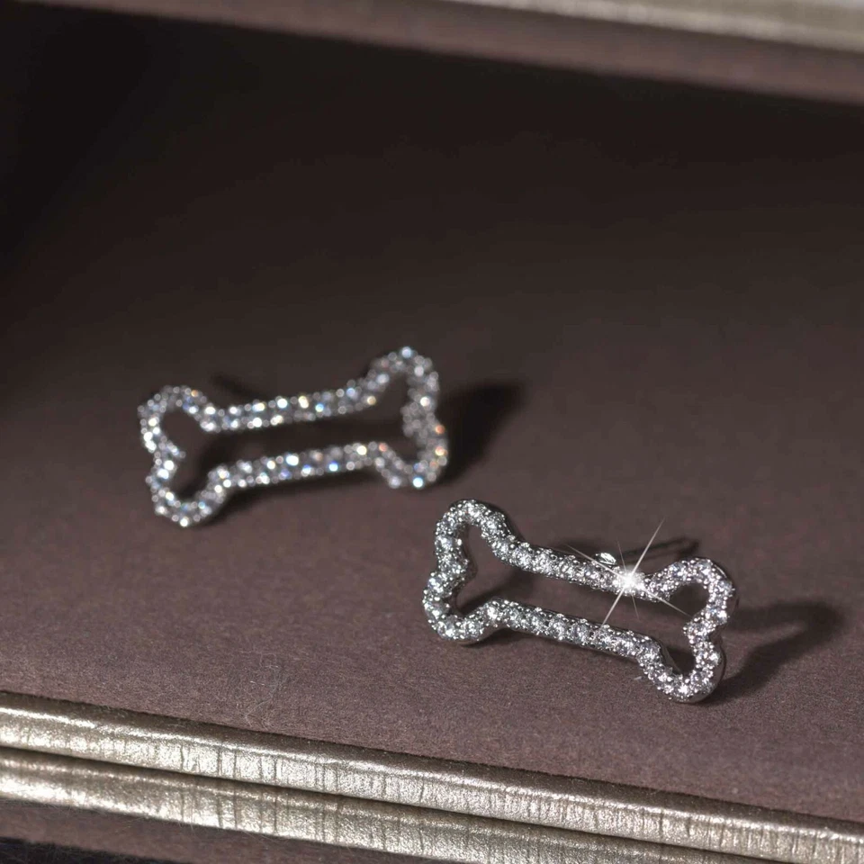 18k white gold made with SWAROVSKI crystal cute cartoon dog bone stud earrings - Image 3 of 4