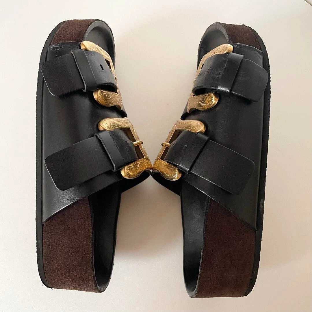 Scarpe da donna 7.0US Celine rare sandali in pelle con fibbia da cowboy piatta limitata JP