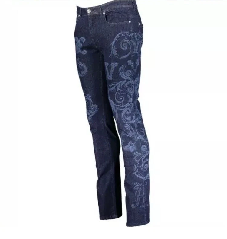 Versace — VERSACE Blue Jacquard Baroque Patterned 3D Medusa Logo Jeans - Made In Italy