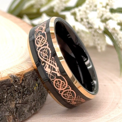 Celtic Dragon Inlay Polished Band 8MM Rose Gold & Black Tungsten Christmas Ring